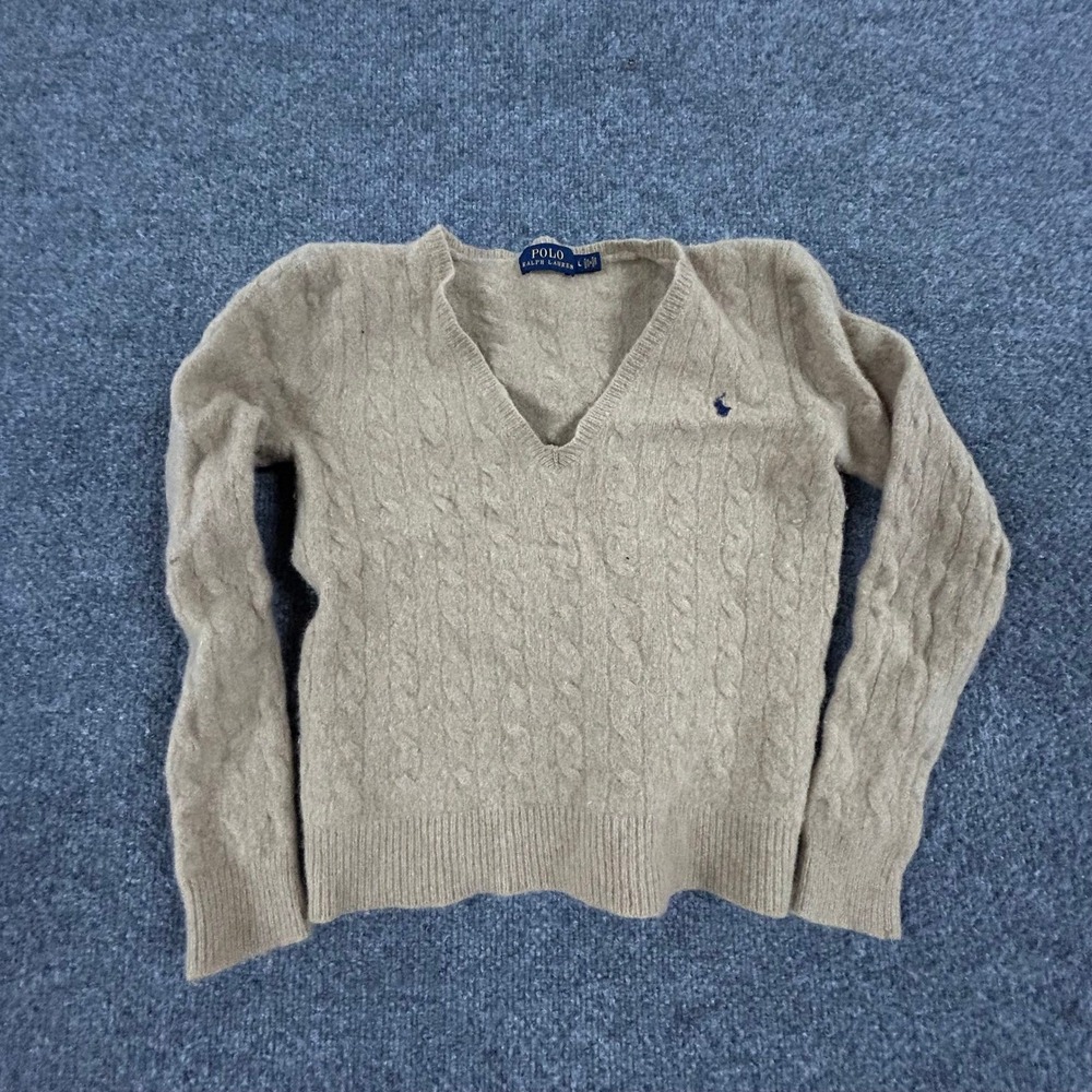 Polo Ralph Lauren Sweater Womens Size L Tan Merino Wool Cashmere Cable V-Neck